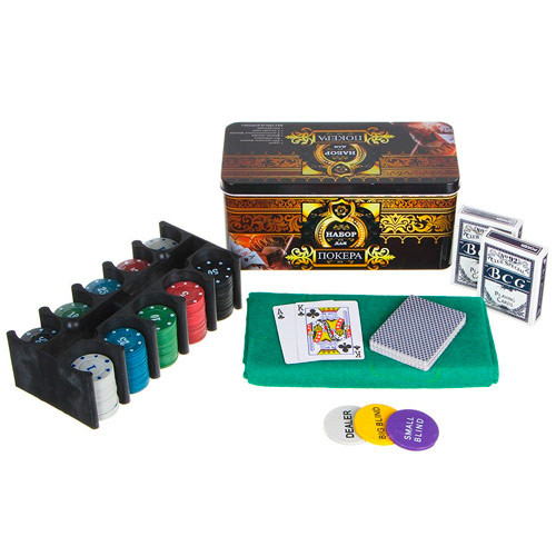 Набор для покера: карты, 200 фишек, сукно в металл коробке, покерный Винница - изображение 1