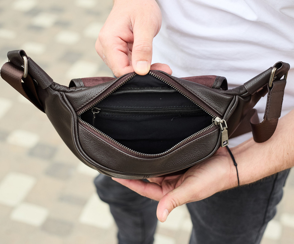 Чоловіча шкіряна бананка, шкіряна сумка бананка через плече, чоловіча шкіряна бананка на пояс коричнева Київ - фото 10