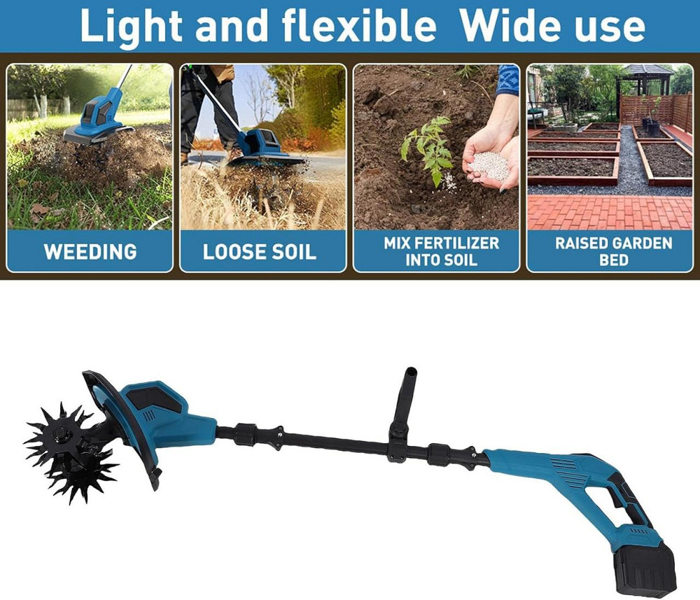 Культиватор садовий із подвійною фрезою для розпушування та прополювання городу бездротовий + 2 акумулятори Синій Київ - фото 10