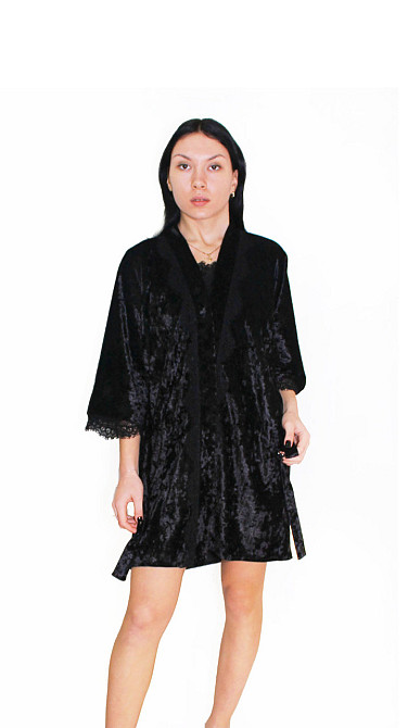 Халат жіночий із мармурового велюру під пояс Чорний XS/S Харків - фото 1