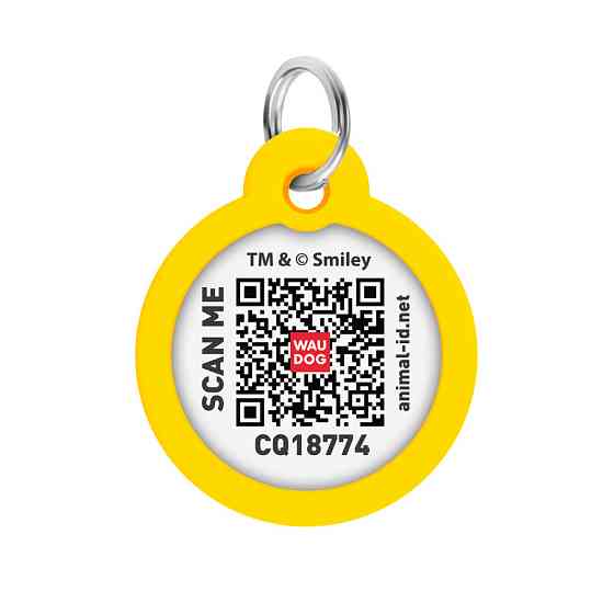 Адресник для собак і котів металевий WAUDOG Smart ID з QR паспортом, малюнок "Смайли на чорному", коло, Д 30 мм Київ