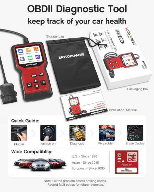 Автосканер MOTOPOWER MP69033 Pro OBD2 с тестером аккумулятора 12 В, TFT 2,8″, Live Data, проверка генератора, красный Киев - изображение 7
