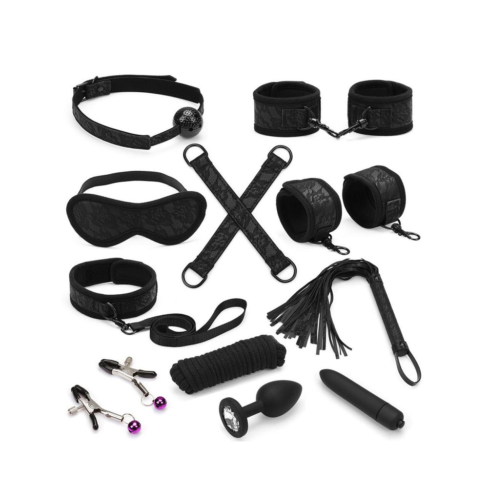 Набор Liebe Seele Black Lace and Neoprene 11pcs Bondage Kit, анальная пробка с кристаллом, вибропуля Sex Aura Киев - изображение 1