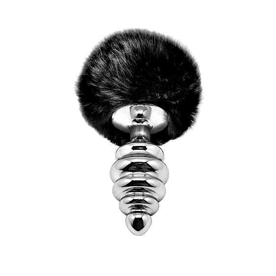 Металева анальна пробка Кролячий хвостик Alive Fluffy Twist Plug L Black, діаметр 3,8 см Sex Aura Київ