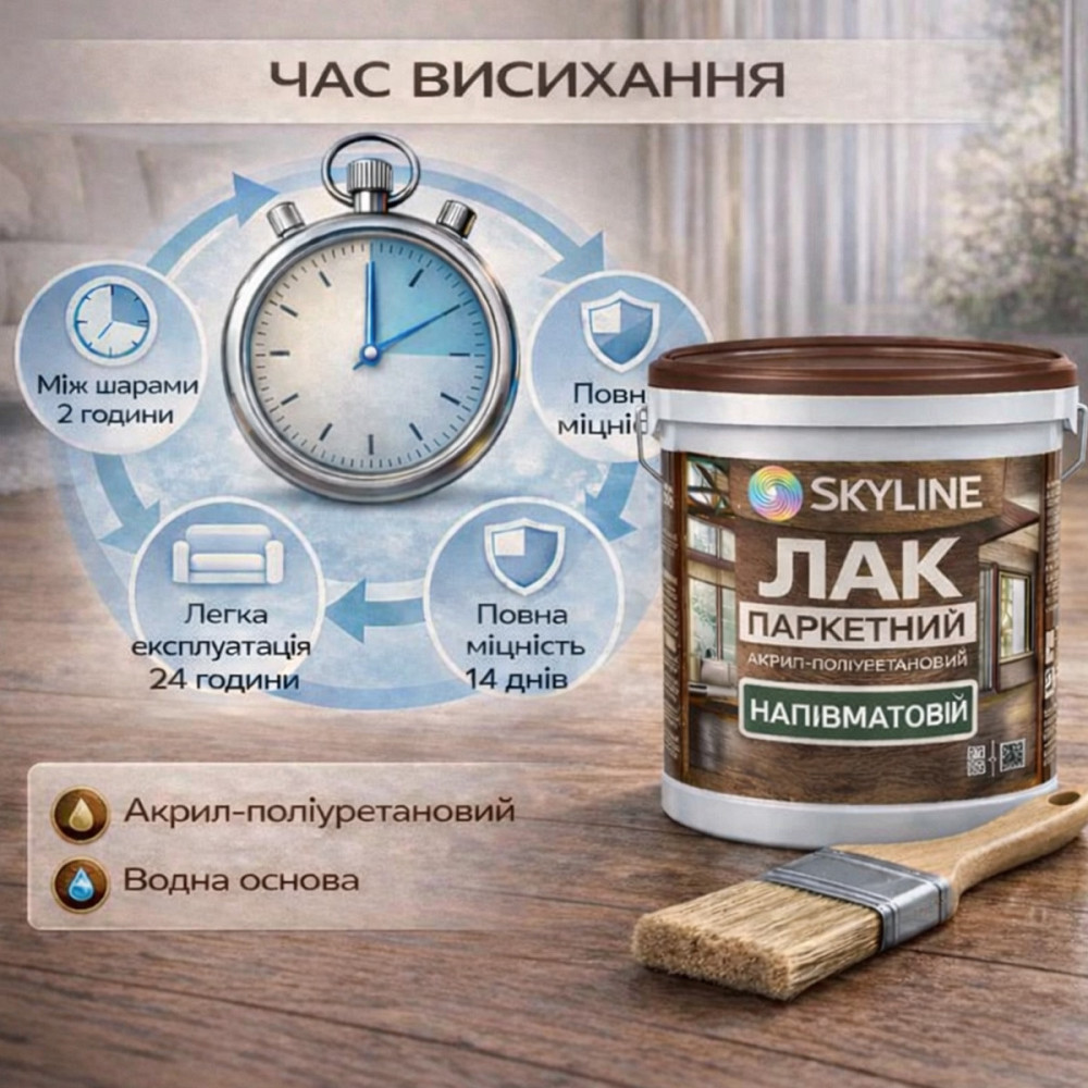 Лак для підлоги напівматовий Skyline паркетний, акрил-поліуретановий, водний, зносостійкий, без запаху, 5 л Харків - фото 6