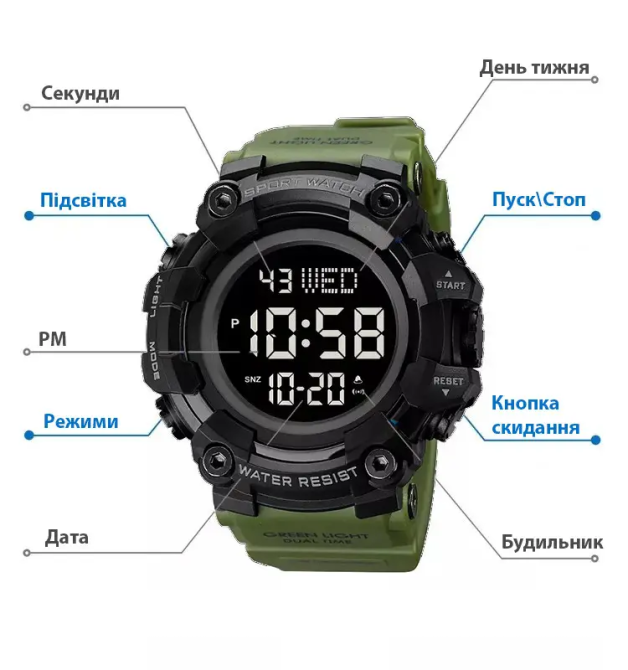 Тактические мужские часы Skmei 1968 Зеленый Киев - изображение 7