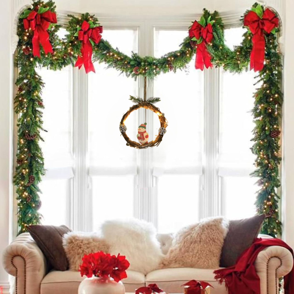 Рождественский венок из ротанги новогодний венок подвесной декор 18 см Niki Light LED от батареек снеговик Киев - изображение 7