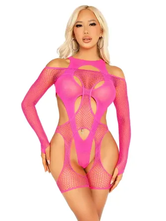 Бодістокінг Leg Avenue Fishnet Garter Harness and Teddy One Size Neon Pink Львів