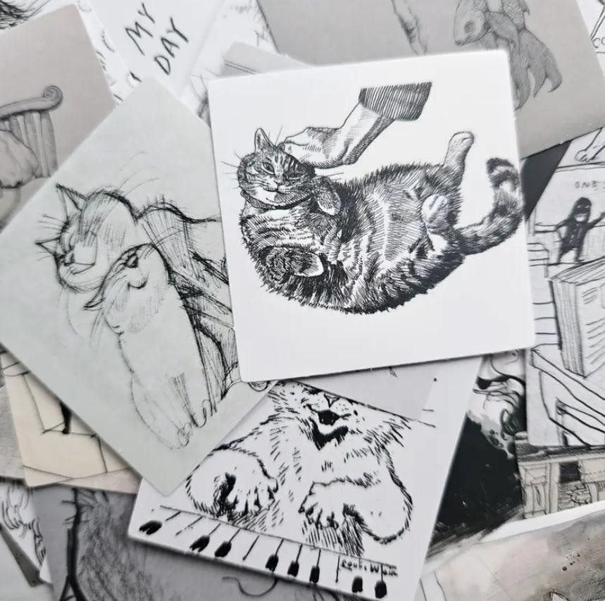 60 шт. черно-белые наклейки с эскизами кошек, смешные наклейки с котами, скикерпак кошки. Киев - изображение 4