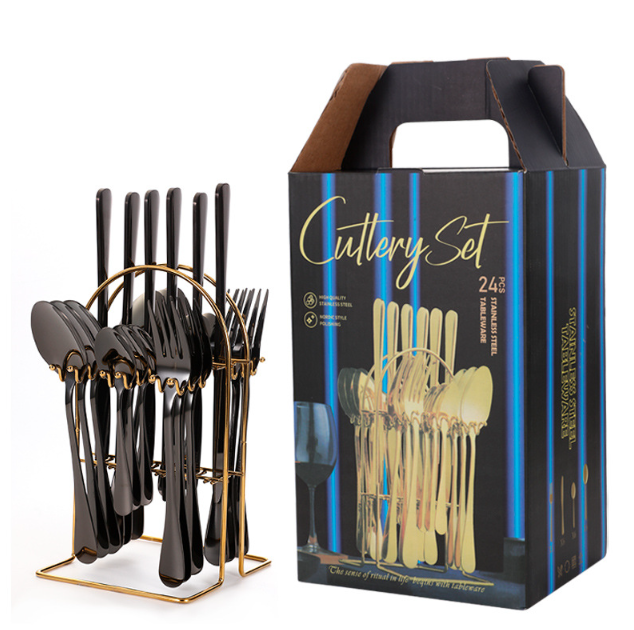 Столові прилади 24 шт х 6 персон Класичні Набір із нержавіючої сталі на підставці Чорні Кременчук - фото 6