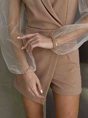 Жіночий стильний елегантний комбінезон креп дайвінг+сітка Бежевий, 42/44 Одеса