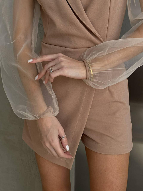 Жіночий стильний елегантний комбінезон креп дайвінг+сітка Бежевий, 42/44 Одеса - фото 3