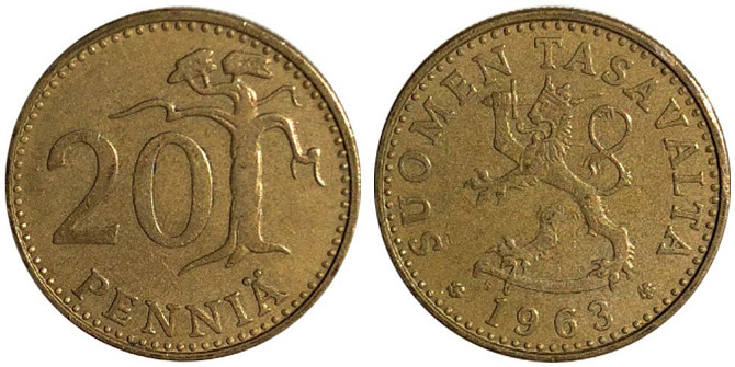 Монета 20 пенни. 1963,72,81,82 год, Финляндия.(БЖ) Полтава - изображение 1