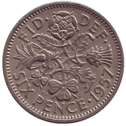 Флора: цибуля-порей, троянда, чортополох і трилисник. Монета 6 пенсів. 1957 рік, Великобританія. Полтава - фото 1