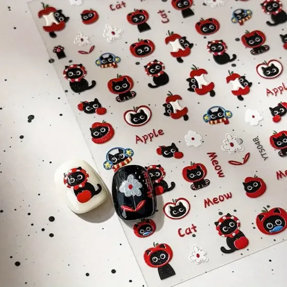 Наклейки для нігтів "Чорний кіт і червоне яблуко” — кавайні глянцеві наліпки для манікюру Київ