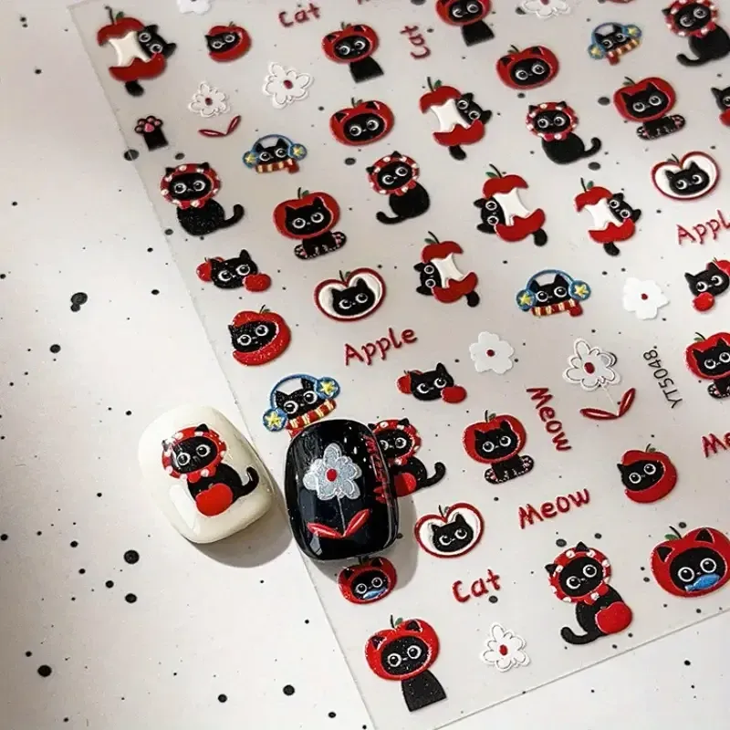 Наклейки для ногтей «Черный кот и красное яблоко» — кавайные глянцевые наклейки для маникюра Киев - изображение 3
