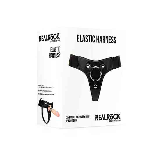 Трусики для страпона REALROCK Elastic Harness з кільцем, шкіряні, чорні, One Size (S-XL) Sex Aura Київ