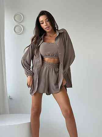 Женский летний прогулочный оверсайз костюм тройка: рубашка топ и шорты американский креп жатка Мокко Одесса