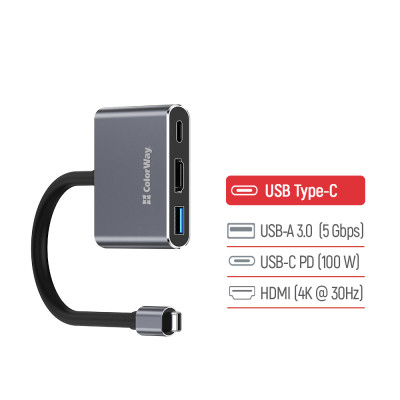 Концентратор ColorWay USB-C 3-in-1 USB 3.0 + HDMI 4K + USB-C PD100W (CW-HUB08) Вінниця - фото 12