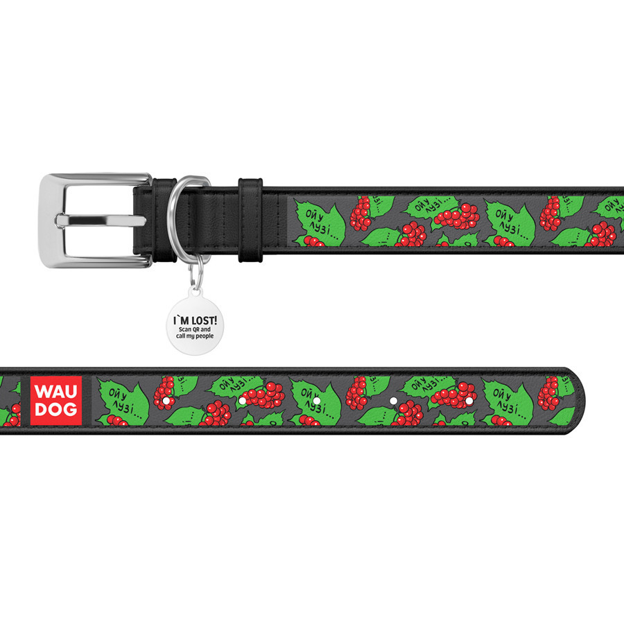 Нашийник для собак шкіряний WAUDOG Design з QR паспортом, малюнок "Каліна", XS, Ш 12 мм, Д 20-28 см, чорний Вінниця - фото 3