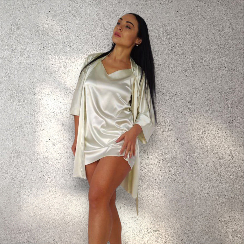 Комплект женская ночная рубашка с халатом Молочный S Харьков - изображение 3