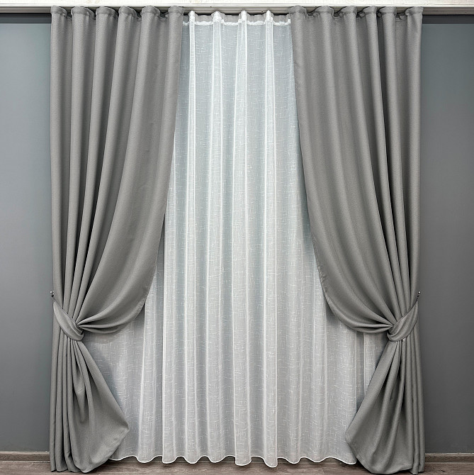 Комплект штор VR-Textil Льон Мішковина 200х270 2шт і Тюль 500х270 867ш-115т світло-сірий з білим 71-060/6 Київ - фото 1