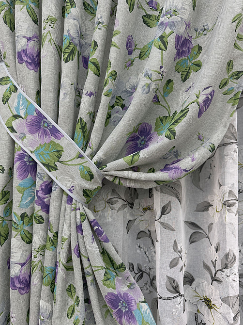 Комплект штор VR-Textil Льон Прованс 100х270 2шт і Тюль 400х270 2084ш-1681т Світло-сірий з фіолетовим та білим 71-208/2 Київ - фото 4
