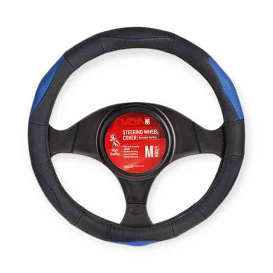 Чехол m кожа (37 - 39 см) черный 3 перфор. синих вставки, синяя нить, белая основа руля Мукачево