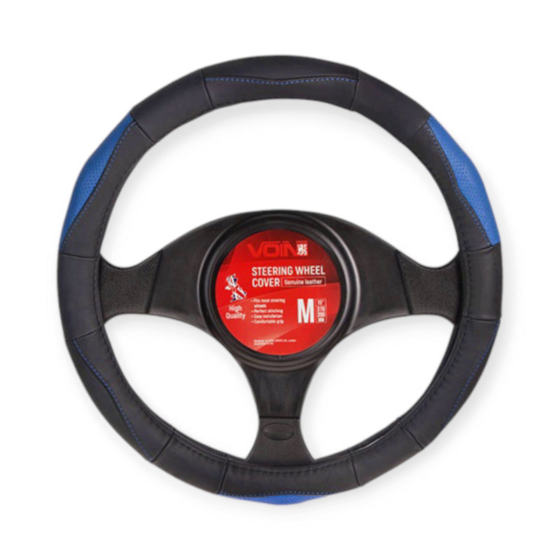 Чехол m кожа (37 - 39 см) черный 3 перфор. синих вставки, синяя нить, белая основа руля Мукачево - изображение 1