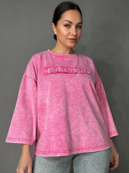 Футболка женская A-N 26029 оверсайз широкая вареная дай длинный рукав 3\4 с вышивкой впереди one size, розовый, one size Киев - изображение 1