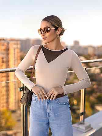 Жіноча кофточка з декольте сітка "Annabel" | Батал Чорний, 50-52 54-56, Бежевий Київ