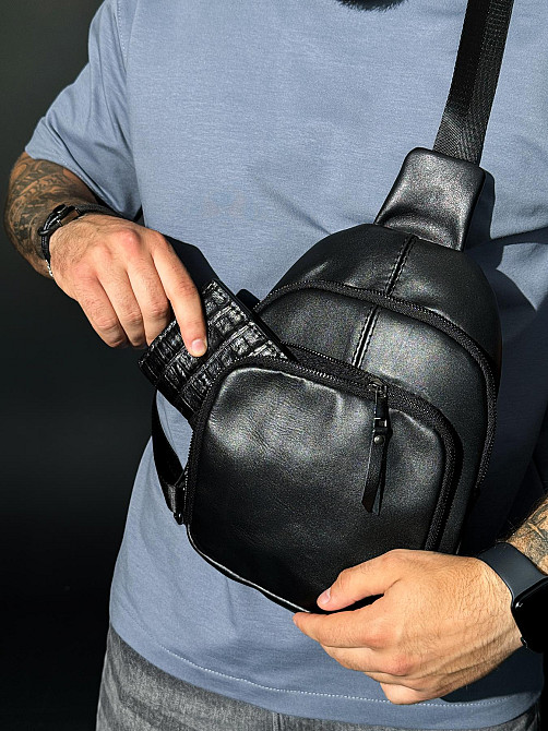 Слінг із натуральної шкіри, шкіряна сумка через плече SKILL (Чорна) Суми - фото 4