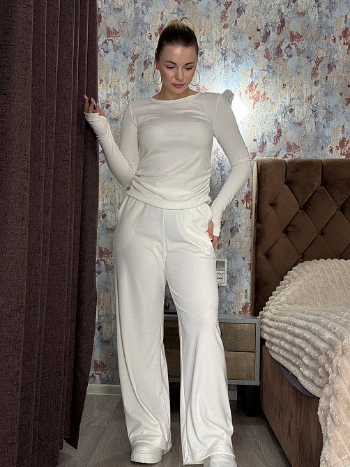 Жіночий теплий базовий костюм-двійка: лонгслів і штани джерсі на флісі Молочний, 46/48 Одеса - фото 4