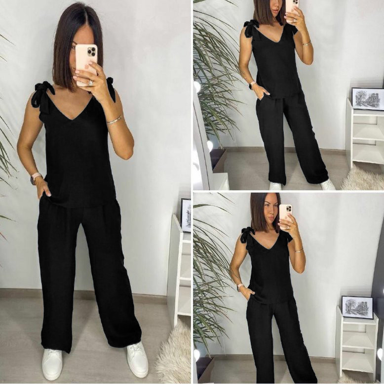 Літній жіночий костюм із широкими штанами "Ясмин" оптом | Норма та батал | Розпродаж моделі Чорний, 42 Київ - фото 3