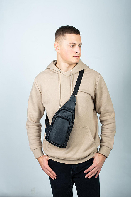 Сумка-слінг шкіряна, чоловіча сумка через плече SL013 (Чорна) Суми - фото 7