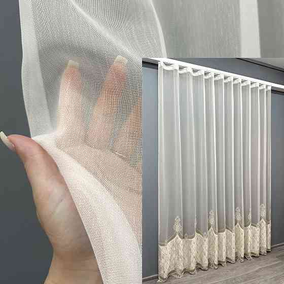 Тюль бамбук с вышивкой и бархатом цвет айвори с бежевым 1813т Киев