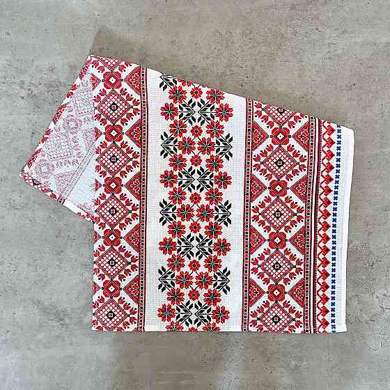 Рушник вафельний з принтом вишивки та червоними квітами GM Textile 35х61см 180г/м2 (Біло-червоний) Суми