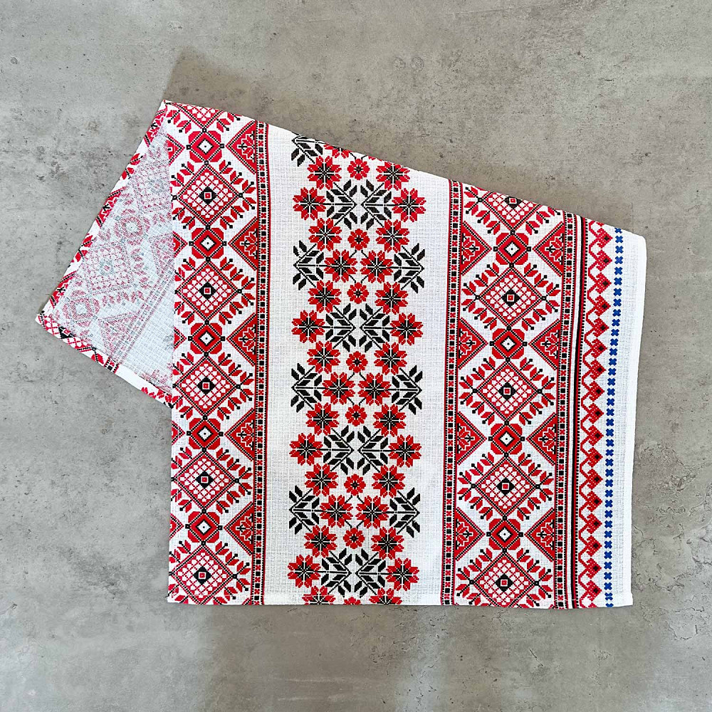 Рушник вафельний з принтом вишивки та червоними квітами GM Textile 35х61см 180г/м2 (Біло-червоний) Суми - фото 1