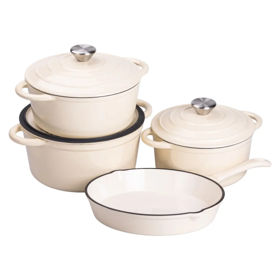Набір чавунного посуду 1/2/3/4 л емальований 3 каструлі сковорода, комплект кухонного начиння для готування Бежевий HP-1-6-WHITE Коломыя
