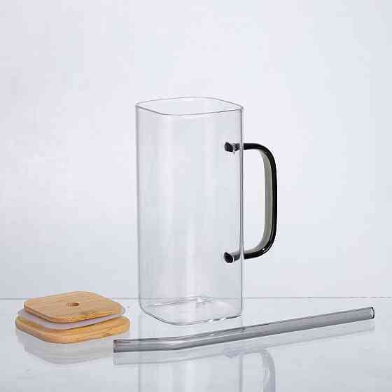 Чашка скляна 400 мл з бамбуковою кришкою та скляною трубочкою HP-19-146 Коломия