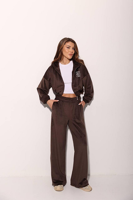 Жіночий прогулянковий костюм-двійка: кофта на блискавці та штани велюр Шоколадний, 48/52 Одеса - фото 3