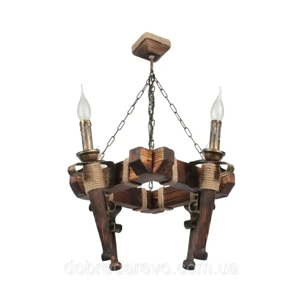 Люстра дерев'яна на ланцюгу на 4 факела в альтанку, сауну, будинок - кування під старовину Вижниця - фото 1