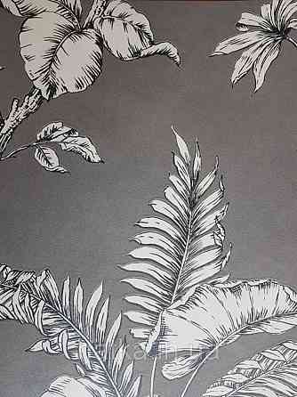 Обои виниловые на флизелине Marburg 31847 New modern крупные листья ветки серые черные на черном фоне Киев