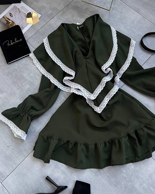 Женское романтичное платье с длинным рукавом костюмка + кружево Хаки, 42/44 Одесса - изображение 3