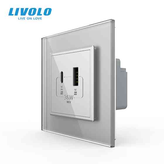 Розетка USB-A та USB-C з Power Delivery 36W Livolo сірий скло (VL-C7FCUA18W.UC18W-2IP) Коломыя