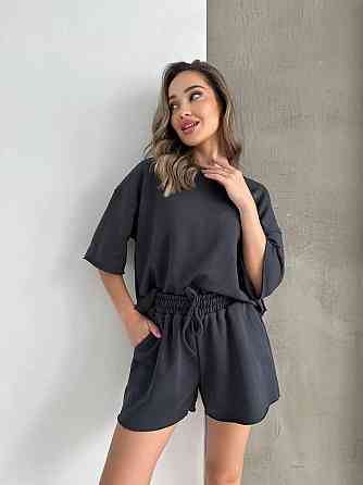 Жіночий повсякденний прогулянковий костюм-двійка: футболка та шорти турецька петля пеньє 100% бавовна Графітова, 42/44 Одеса