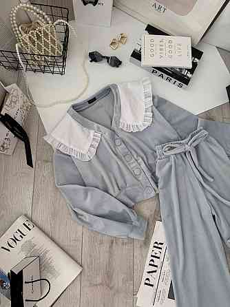 Жіночий плюшевий костюм-двійка: кофта з коміром і штани велюр Блакитний, 42/44 Одеса