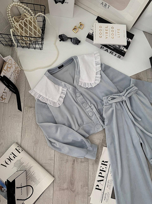 Жіночий плюшевий костюм-двійка: кофта з коміром і штани велюр Блакитний, 42/44 Одеса - фото 4