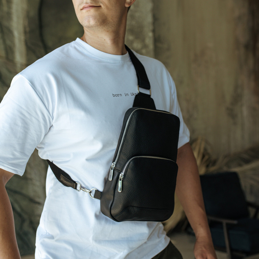 Сумка нагрудна слінг чоловіча з натуральної шкіри містка повсякденна, чорнаMasterSem Київ - фото 1
