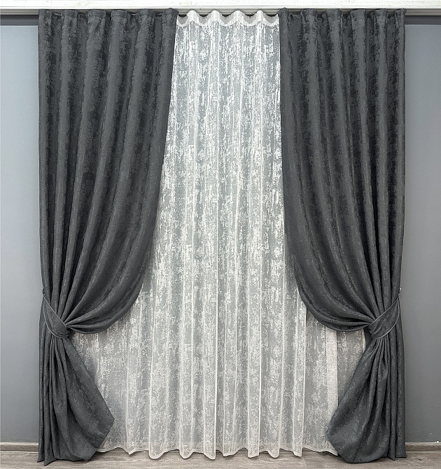 Комплект штор VR-Textil Жаккард Мрамор 150х270 2шт и Тюль 600х270 1123ш-1400т Графитовый с белым 71-003/5 Киев - изображение 1
